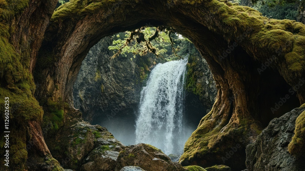 Fototapeta premium Enchanted Waterfall Framed by Mossy Arch