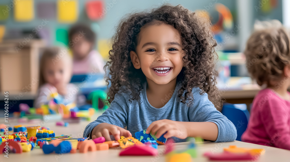 Happy children engaged in arts and crafts at a daycare center. Happy children engaged in arts and crafts at a daycare center.