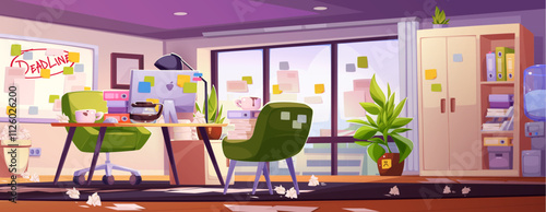 Office mess before project deadline. Vector cartoon illustration of messy room with paper piles on floor and desk, full waste bin, sticky notes on computer, window and furniture, modern cityscape view