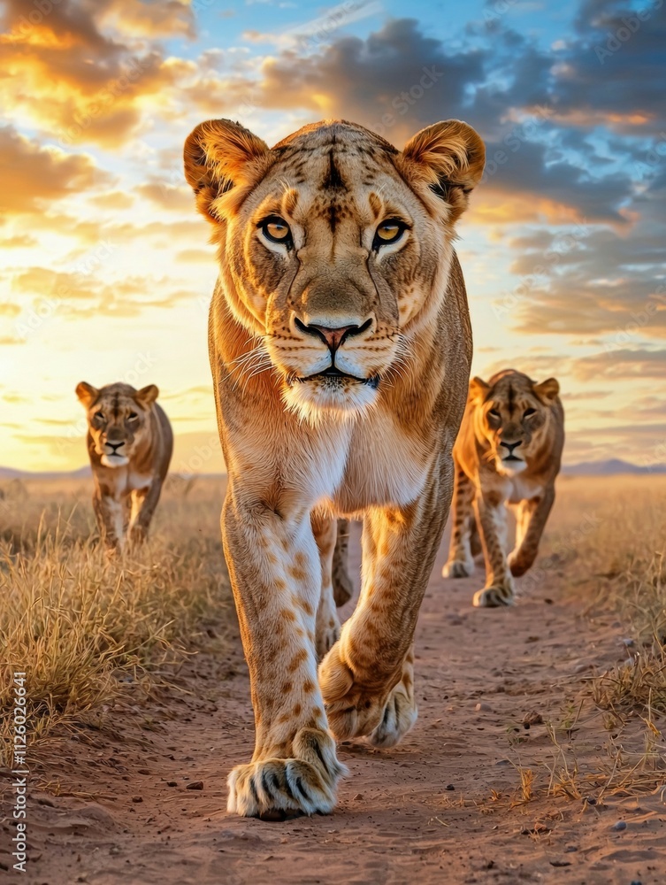 A lioness is walking with two other lions A lioness is walking with two other lions