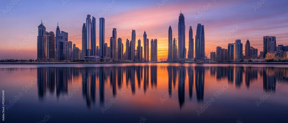 Obraz premium stunning city skyline at sunset with reflections