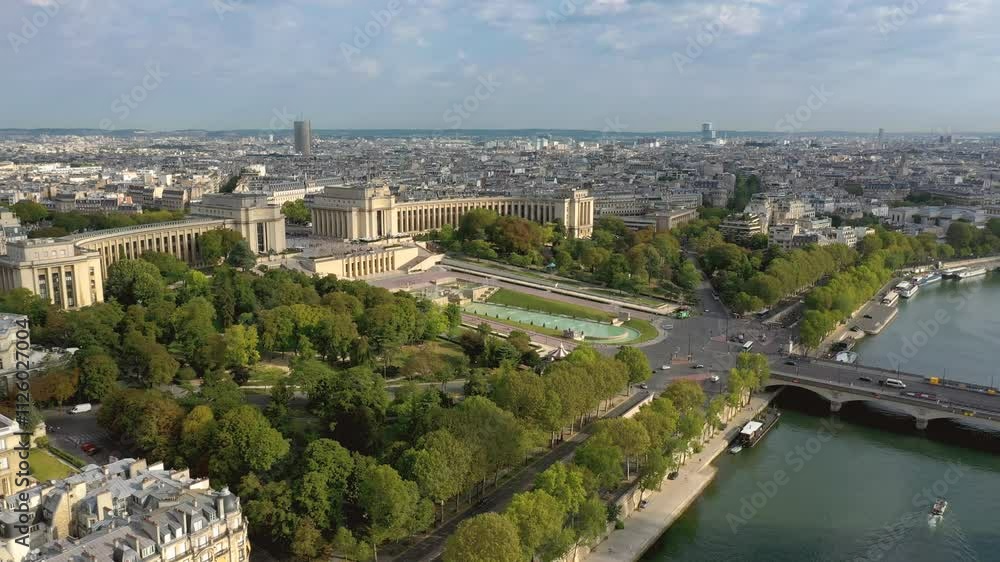 PARIS, FRANCE - OCTOBER 3, 2024: Aerial view of Paris showcasing beautiful landmarks, green parks, and the Seine River in vibrant fall colors PARIS, FRANCE - OCTOBER 3, 2024: Aerial view of Paris showcasing beautiful landmarks, green parks, and the Seine River in vibrant fall colors