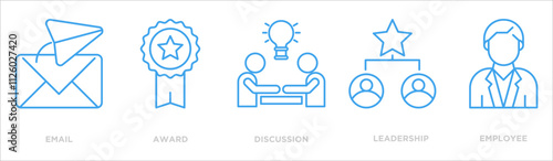 Public relations icon collection set. Containing design discussion,award,email,leadership,employee