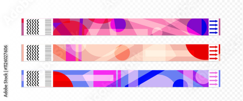 Paper wristbands ticket with abstract geometric patterns. Security bracelets with barcode for entrance to sport event, concert or music festival. Realistic 3d club party wrist armlet mockup.