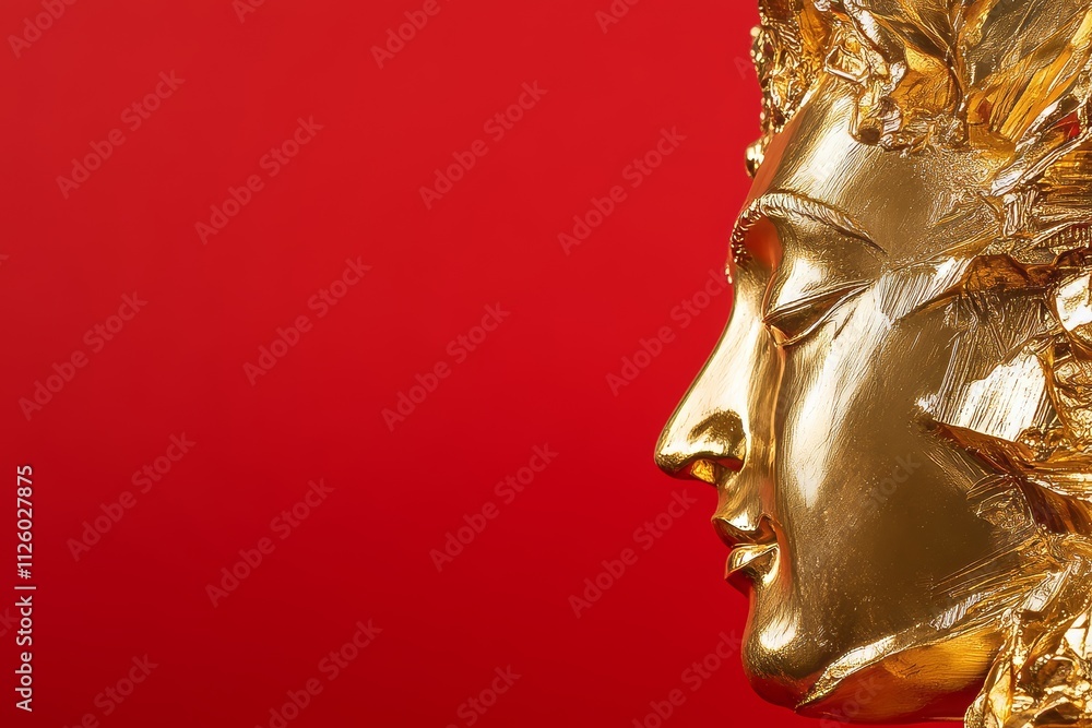 Obraz premium Golden goddess sculpture with radiant red background captures divine elegance