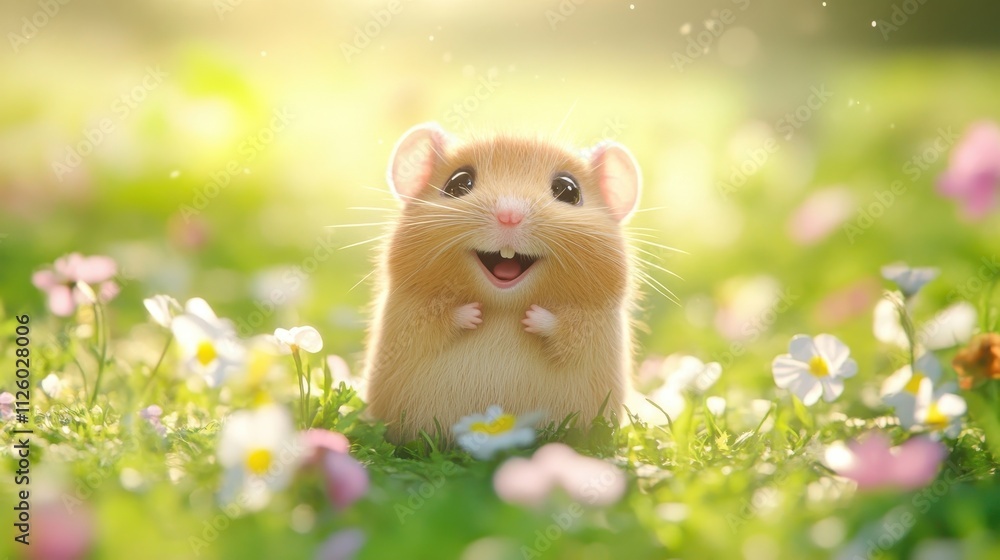 Adorable hamster smiles in a field of flowers. Perfect for spring, pet, or happiness themes. Adorable hamster smiles in a field of flowers. Perfect for spring, pet, or happiness themes.