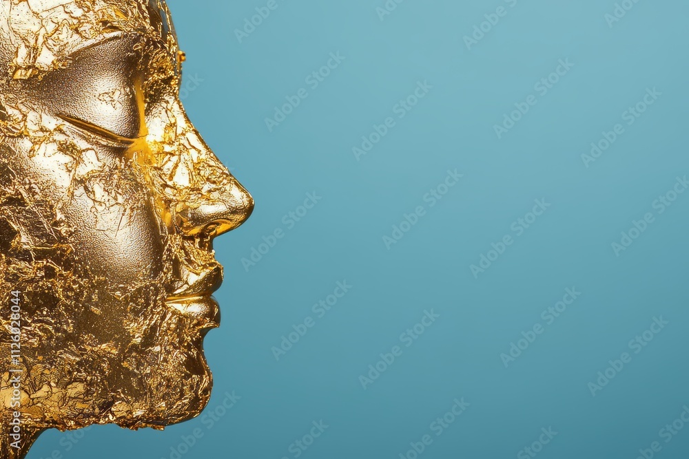 Fototapeta premium Gold leaf adorned face profile against blue background