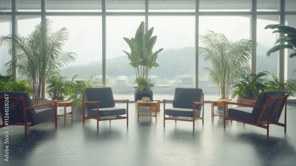 Serene Indoor Botanical Lounge with Panoramic Window View Serene Indoor Botanical Lounge with Panoramic Window View
