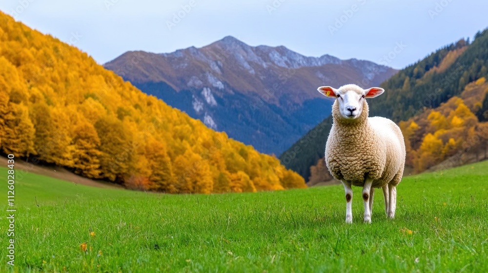Fototapeta premium A vibrant autumn scene in a sheep grazing in a meadow. High Quality
