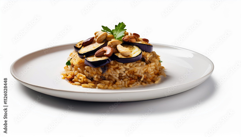 Delicious Eggplant Rice Dish with Nuts and Herbs Gourmet Food Photography Delicious Eggplant Rice Dish with Nuts and Herbs Gourmet Food Photography