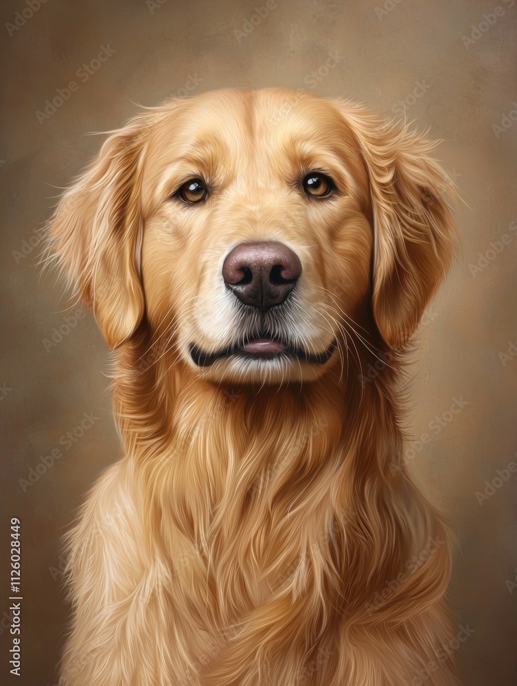 A golden retriever is standing in front of a brown background A golden retriever is standing in front of a brown background