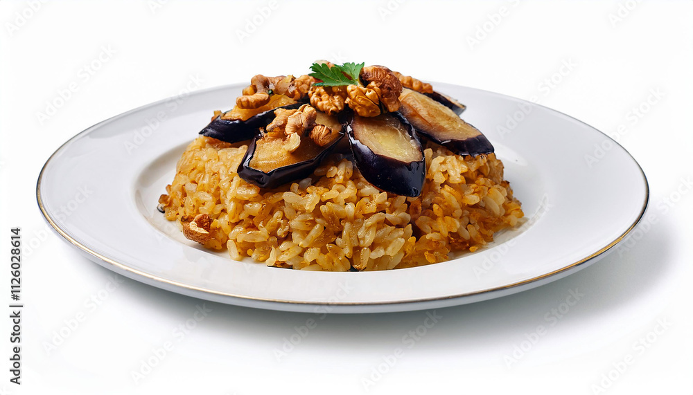 Delicious Eggplant Walnut Rice Dish Close up Food Photography Delicious Eggplant Walnut Rice Dish Close up Food Photography