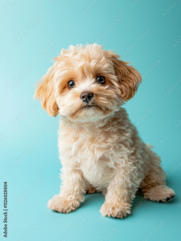 A small dog with brown fur is sitting on a blue background A small dog with brown fur is sitting on a blue background