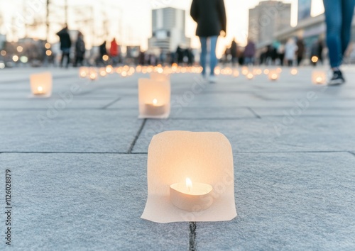 Urban Candlelight Vigil at Dusk Remembrance and Unity on Worldwide Candle Lighting Day, Christmas, and Hanukkah photo