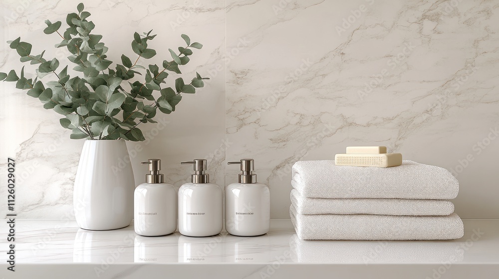 White bathroom decor with soap dispensers, towels, and eucalyptus. White bathroom decor with soap dispensers, towels, and eucalyptus.