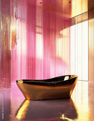 Ultra contemporary modernist 'glowing pink and gold bathtub', made of iridescent colored crystal, minimalist background with large windows, dramatic lighting from behind, hyper realistic details, ultr photo