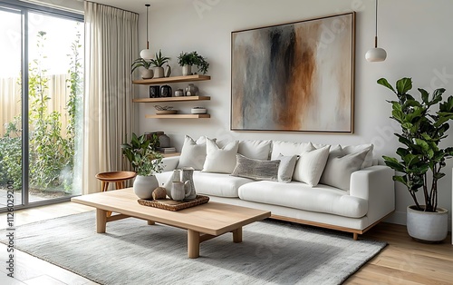 Bright living room with white sofa, wood furniture, and abstract art.