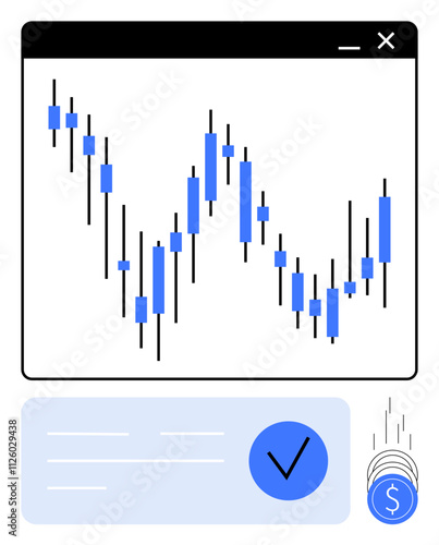 Stock market candlestick chart, blue check mark in a light blue box, and three dollar coins. Ideal for finance, trading, investment, analysis, business economy data.