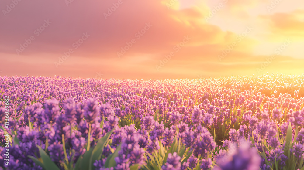 Fototapeta premium Picturesque Lavender Field at Sunset with Golden Hue and Dreamlike Serenity