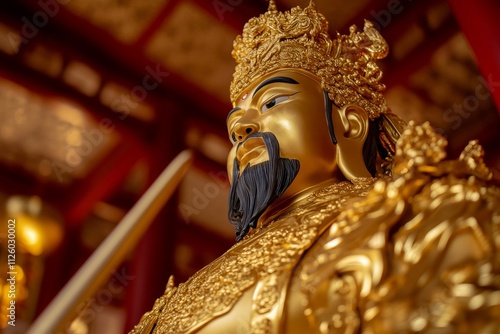 Golden guan yu statue in traditional chinese temple setting photo