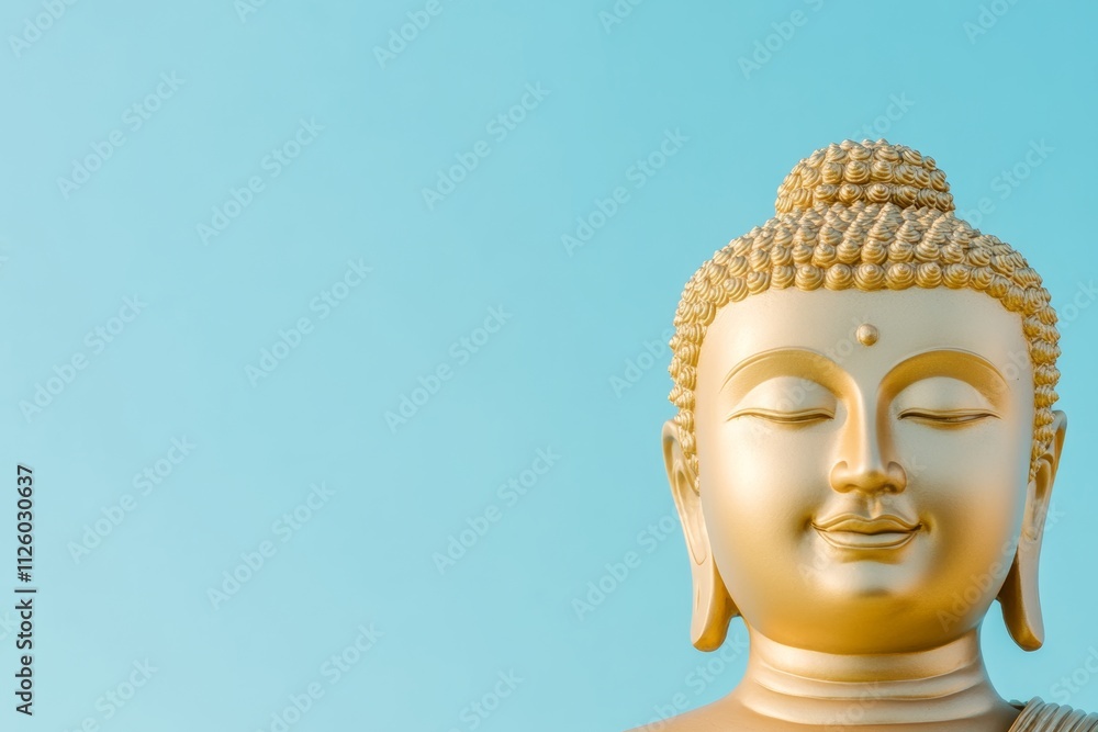 Golden buddha statue against sky blue background Golden buddha statue against sky blue background