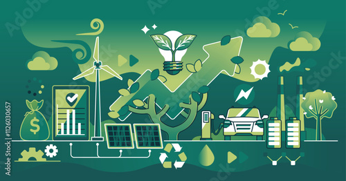 Sustainable green business focuses on renewable energy, eco-friendly innovation, and growth. Important objects, wind turbine, solar panels, electric car. Dark theme outline style illustration.