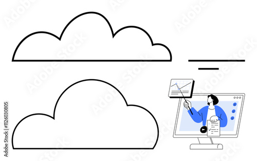 Person presenting analysis on computer screen, large outlined cloud icons, horizontal line. Ideal for technology, cloud computing, data analysis, online presentations, virtual meetings, digital