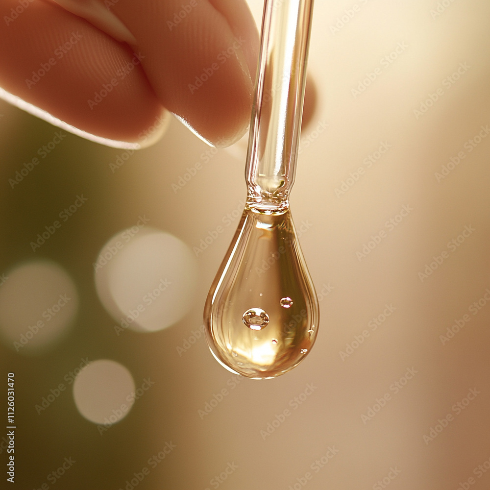 Dropper with golden oil against blurred background Dropper with golden oil against blurred background