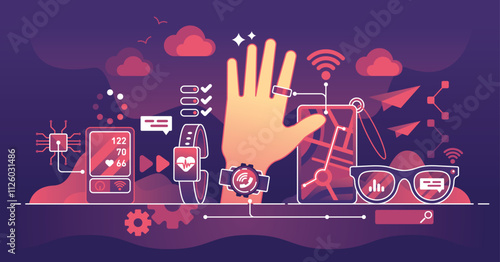 Wearable technology features smartwatches, fitness trackers, and AR glasses. Dark theme outline style illustration.