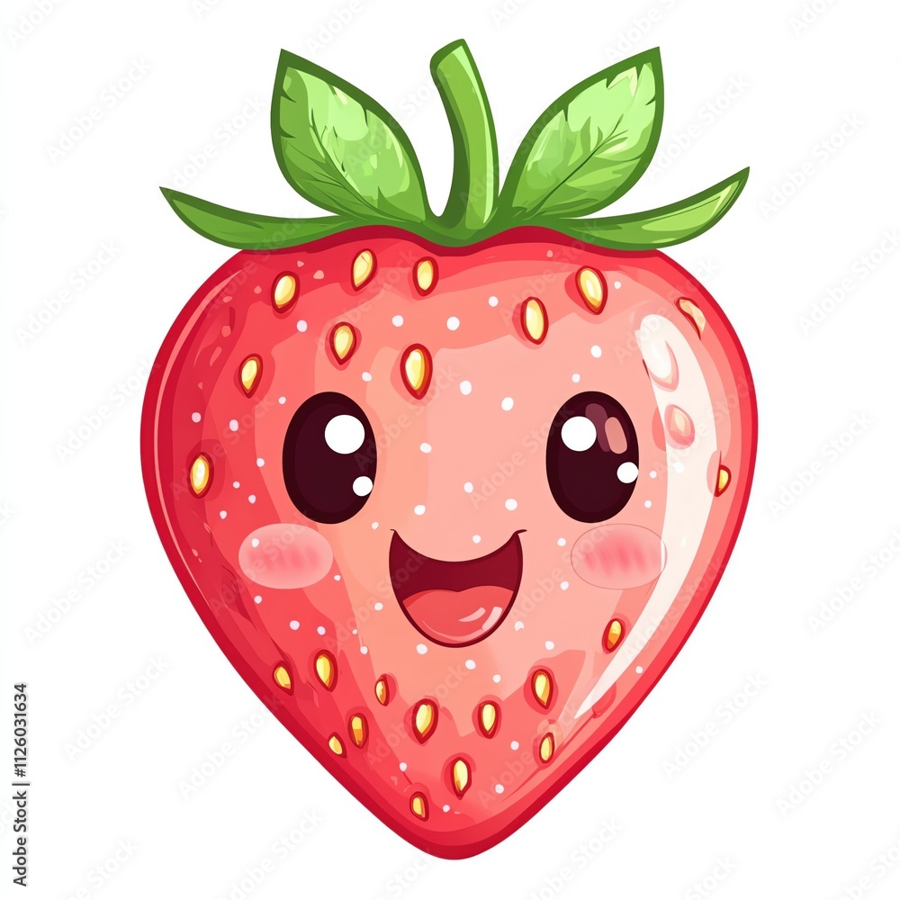 Obraz premium A smiling strawberry with shining eyes, the cute strawberry laughing sweetly, the cheerful strawberry glowing warmly, cartoonish style, isolated on white background.