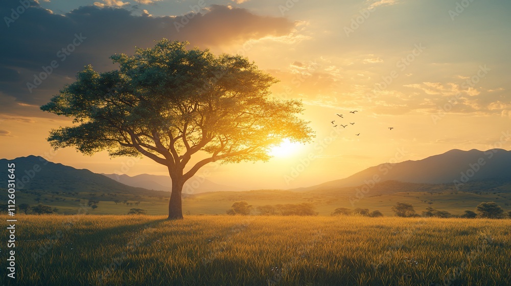 Solitary tree in sunset meadow. Solitary tree in sunset meadow.