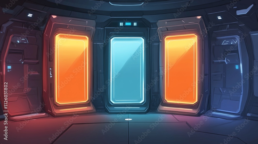 Futuristic Gallery with Glowing Holographic Panels Futuristic Gallery with Glowing Holographic Panels