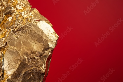 Golden nugget against red background featuring textured surface photo