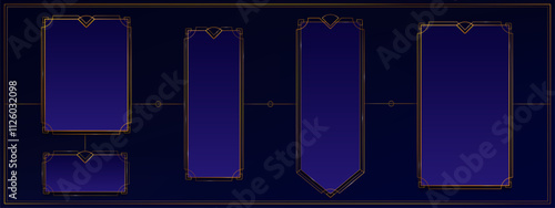 Deco frame for ui game. Medieval fantasy button for luxury interface. Magic islamic blue gradient rectangle box with golden royal thin ornament. Chic gui icon set for premium app design vector