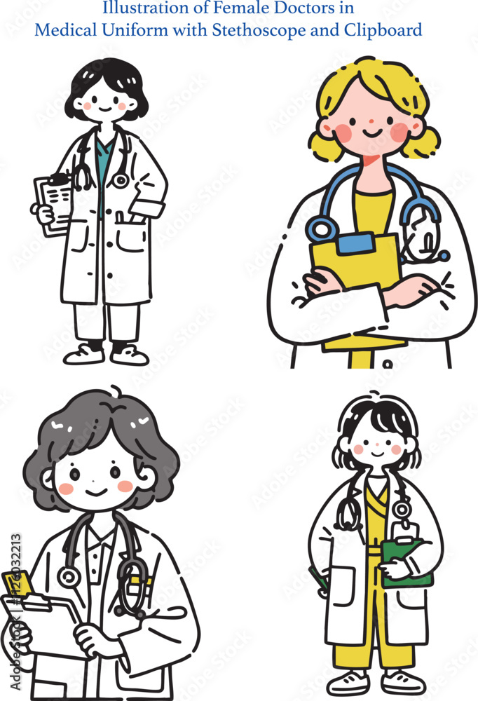 Illustration of Female Doctors in Medical Uniform with Stethoscope and Clipboard Illustration of Female Doctors in Medical Uniform with Stethoscope and Clipboard