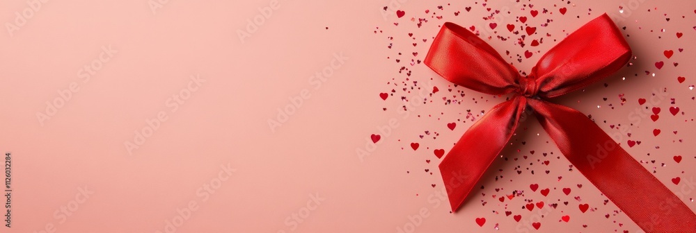 Luxurious Valentines Day Red Ribbon with Heart Confetti on Pink Backdrop for Romantic Celebrations Luxurious Valentines Day Red Ribbon with Heart Confetti on Pink Backdrop for Romantic Celebrations