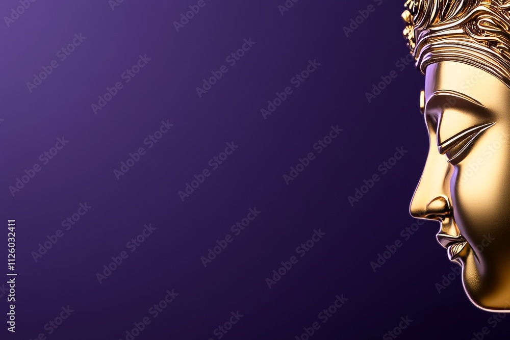 Naklejka premium Golden buddha face side profile on deep purple background reflecting serenity