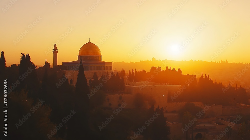 Fototapeta premium Golden Dome sunset, Jerusalem skyline.