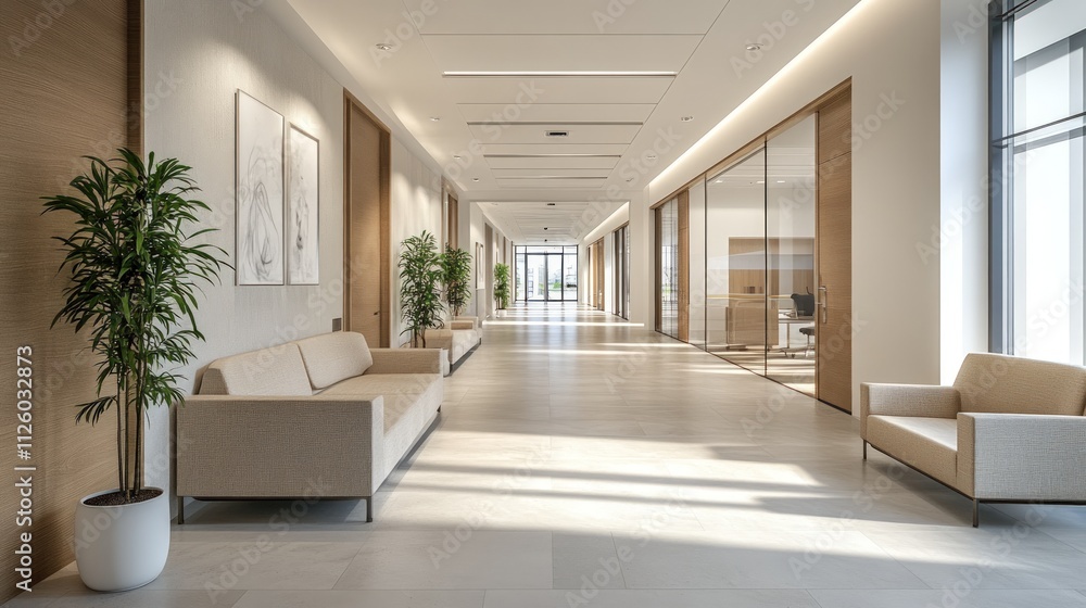 Modern office hallway with beige furniture and natural light. Modern office hallway with beige furniture and natural light.