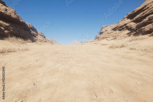 A desert scene with a road in the middle of it