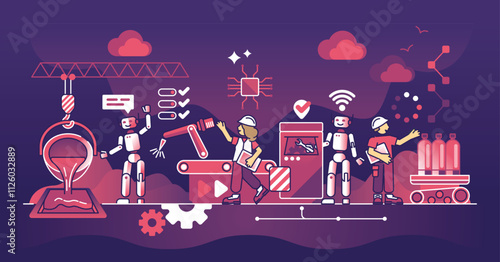 Cobots working collaboratively in industrial settings, featuring robots, humans, and machinery. Dark theme outline style illustration.