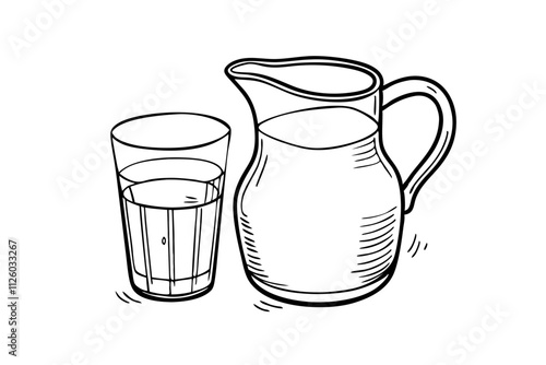 Line art of a jug and a glass of water. Vector illustration