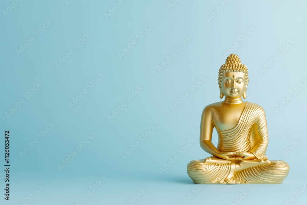 Golden buddha statue on light blue background with tranquil aura Golden buddha statue on light blue background with tranquil aura
