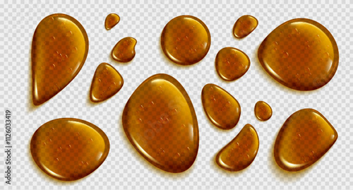 3d honey drop. Gold olive oil or serum bubble. Golden cosmetic argan drip or fluid beauty essence puddle for skincare. Realistic collagen stain png. Jelly skin gel icon transparent. Hair keratin