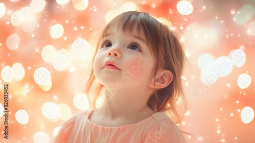 A serene child surrounded by luminous string lights on pastel peach background, hyperrealistic studio photography Generative AI