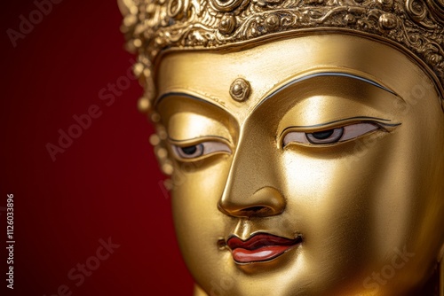 Golden buddha face with ornate crown and peaceful expression on red background