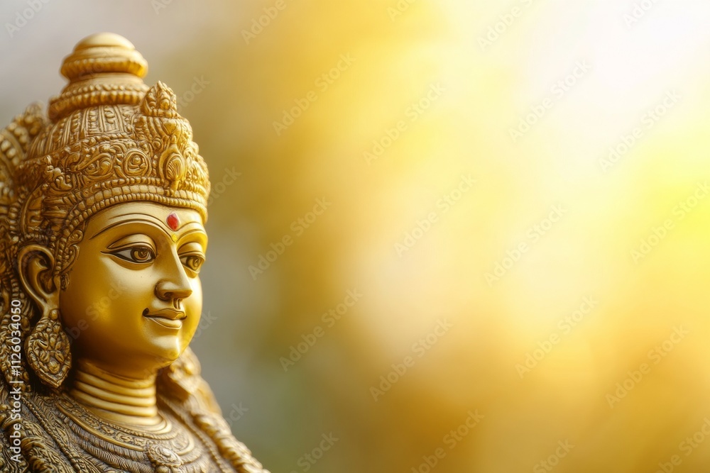 Golden hindu goddess statue in sunlight with ornate headpiece Golden hindu goddess statue in sunlight with ornate headpiece