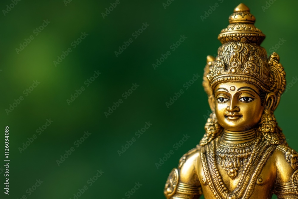 Fototapeta premium Golden hindu deity statue with intricate details on green background