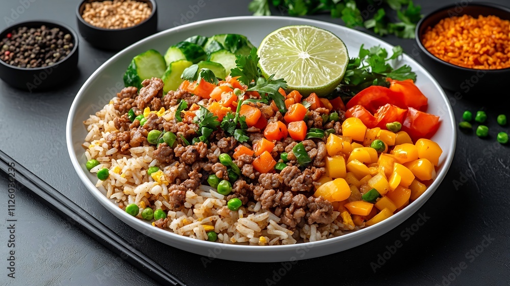 Colorful and Delicious Fried Rice Dish with Vegetables and Lime on a Sleek White Plate Colorful and Delicious Fried Rice Dish with Vegetables and Lime on a Sleek White Plate