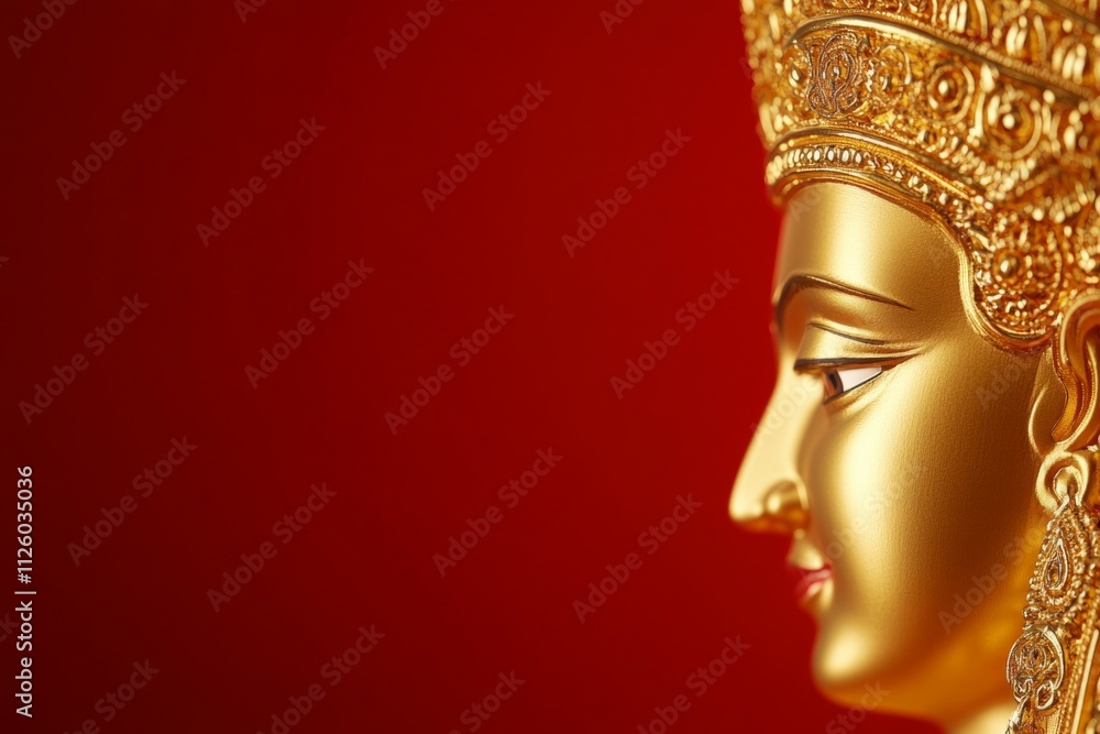 Golden goddess statue profile against red background Golden goddess statue profile against red background